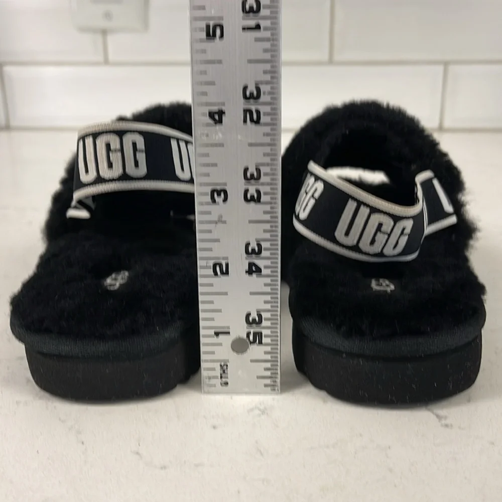 UGG Disco Slide Kids Black Fluffy Sandals - Slippers Size 13